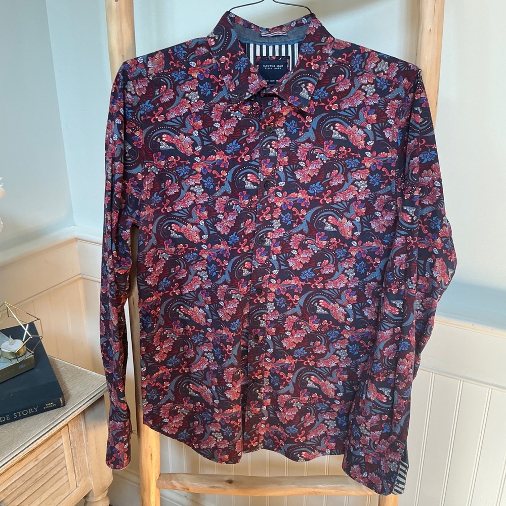 Cactus Man Ricky Singh Paisley Floral Button Down Shirt Mens Medium Burgundy